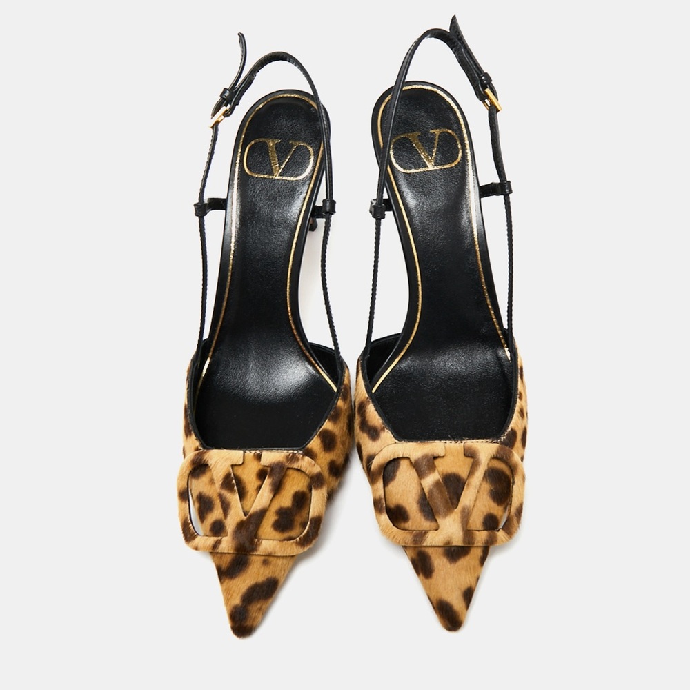 Valentino Beige Leopard Print Calf Hair And Leather VLOGO Slingback Sandals